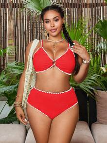 Swim Chiccia 大尺碼女款 2 件組素色紋理面料細肩帶開衩泳衣套裝，休閒風 - 紅色 - 查看 4