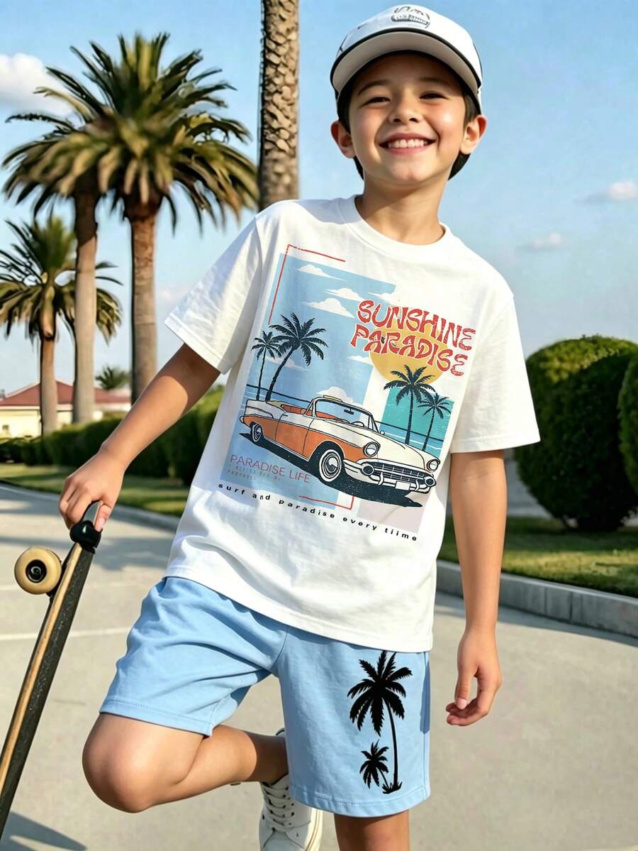 Jungen Sommer lässig 2 Stücke Set: Kurzarm T-Shirt mit Kokosnussbaum Muster Shorts, Vintage Auto Muster, bequem & vielseitig für tägliche Ausflüge - Blau - Übersicht 1