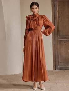 Anewsta Women's Long Dress, Spring/Autumn, Waist Ruched Shiny Elegant Versatile - Burnt Orange - View 3