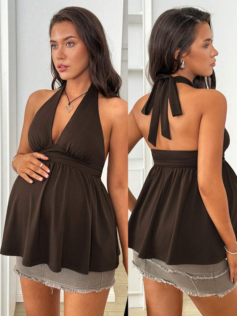 Modmama Maternity Summer Minimalist Elegant Solid Color Halter Backless Ruffle Hem Camisole - Brown - View 1