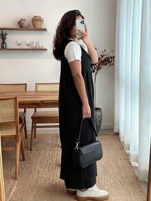 Enliva Plus Size Women's Wide Leg Jumpsuit With Tie Front And Pockets, Loose Fit, Compatible With Apple Rounded Body Shape - Black - View 2