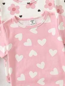 Randomly Ships 2 Of 6  Sets  Girl' Cartoon Dinosaur & Heart Flower Print Cute Sweet Pink Short Sleeve Top Matched With Pants Set,  Snug Fit - Multicolor - View 4
