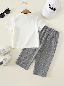 SHEIN 2件套婴儿/男婴休闲可爱校园风polo衫和格子长裤套装，男婴夏季服装 - 白色 - 查看 2