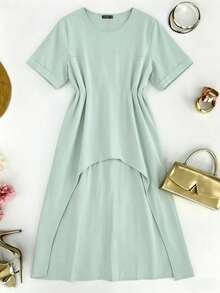 EMERY ROSE Women's Plus-Size Sage Green Shirt,Casual Hiking Sommar Retro Round-Neck Solid-Color Rolled Cuffs Relaxed-Fit Versatile Spring/Summer Fashion Top - Mint Blue - View 4
