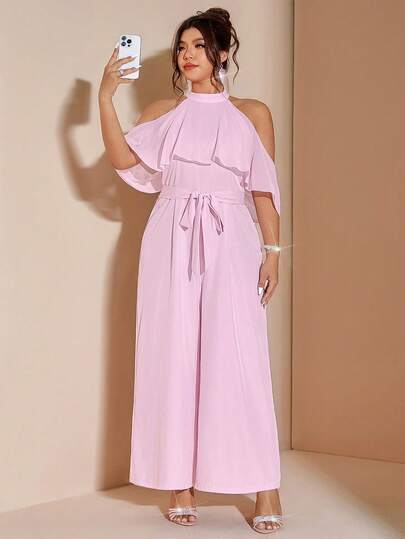 Cravure Plus Size Chiffon Jumpsuit With Draped Collar And Waist Cinching Design