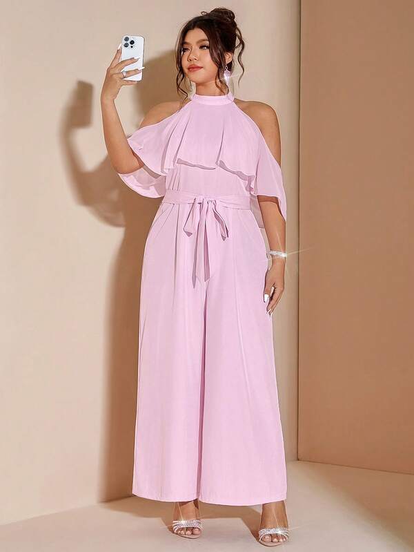 Cravure Plus Size Chiffon Jumpsuit With Draped Collar And Waist Cinching Design