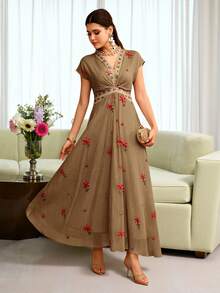 Al Najma Embroidered V-Neck Cinched Waist Short Sleeve Flared Elegant Dress For Women - Brown - View 3