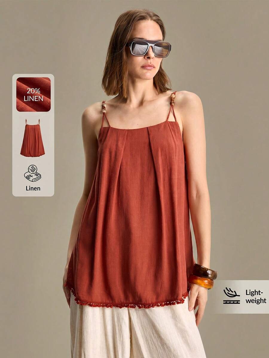 Ontre Áo camisole nữ màu trơn, thiết kế xếp ly, kiểu dáng thường ngày. - màu nâu - Xem 1