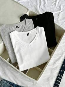 SHEIN EZwear 3件装女士夏季V领紧身T恤，朋克亚文化动漫纯色基础款V领短袖修身T恤 - 彩色 - 查看 7