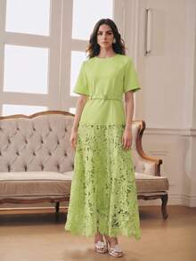 Anewsta French Elegant Round Neck Short Sleeve Water-Soluble Lace Patchwork A-Line Dress For Women Graduation College Light Green Summer - Green - View 3