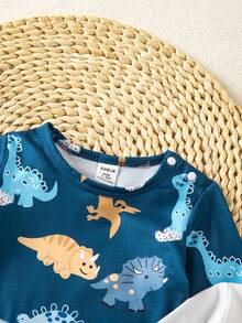 [1 pieza aleatorio] Mono de punto de cuello redondo de manga larga para primavera/verano, diseño de estampado digital de dinosaurio gracioso y lindo, patrón único, 3 piezas de pijama casual para el hogar - Multicolor - Ver 6