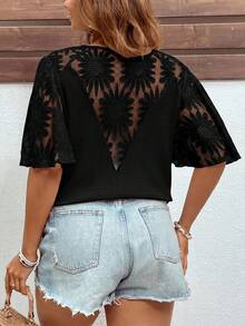 Reflora Camiseta de talla grande con mangas con volantes, de punto de gofre y parches - Negro - Ver 2