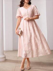 Modelyn V-Neck Petal Sleeve Jacquard Front Button Closure Pink Floral Floral Dress, Spring/Summer Tea Party Cute Elegant - Pink - View 6