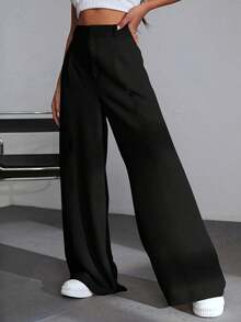 Pantalones casuales y versátiles de cintura alta con pierna ancha de unicolor - Negro 3 - Ver 3