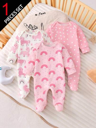 SHEIN Vintaside Kids 【随机1/3款】新生女宝宝甜美独角兽印花三件套，长袖连体衣，基础款套装，粉色，四季皆宜