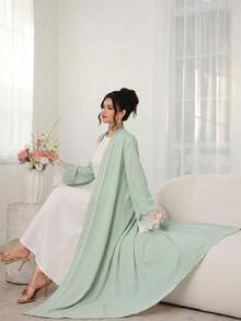 Al Najma 女士优雅撞色蕾丝喇叭袖睡袍，适合节日场合 - 綠色 - 查看 5