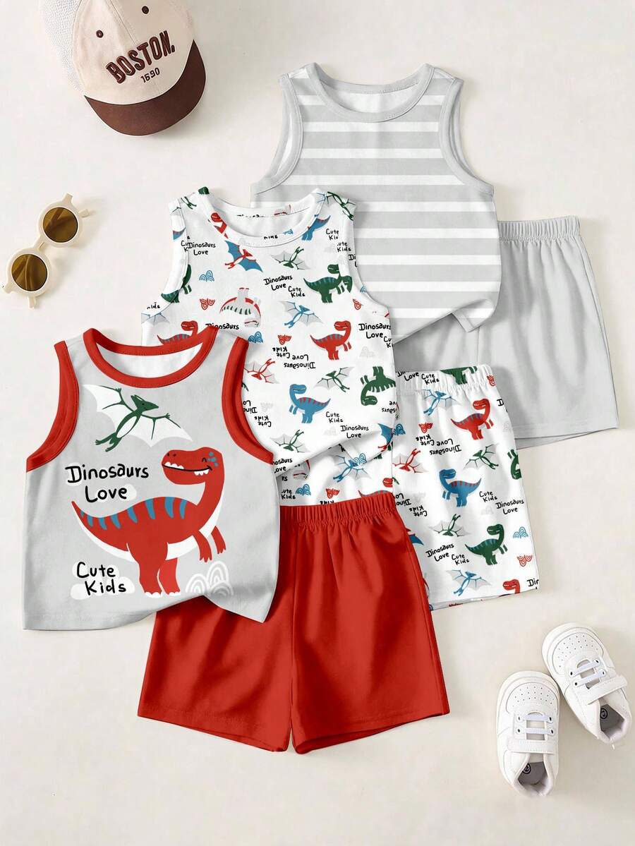 Young Boys Casual Simple Tank Tops 3pcs Set For Summer, Classic Cute Dinosaur, Pterosaur Pattern Print, Brave Dinosaur Cartoon Pattern Print - Multicolor - View 1