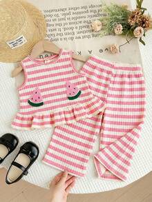 SHEIN LMoss Kids 女婴条纹圆领上衣和宽松休闲裤两件套 - 彩色 - 查看 4