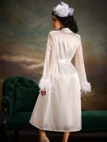 Furry Embroidered Mesh Color Denim Sleepwear Set, Asymmetrical Ruffled Hem Slit Color Denim Dress - White - View 4