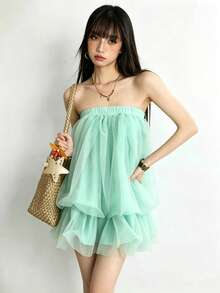 Selianne Women's Fluffy Halter Jumpsuit With Tulle - Mint Green - View 5