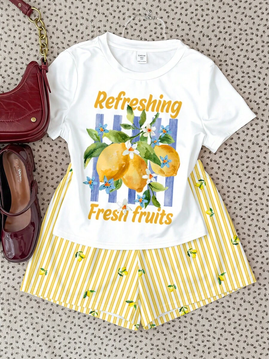 Bộ đồ đôi cho bé gái tuổi teen, gồm áo thun ngắn tay và quần short, họa tiết kem chanh ngọt ngào kiểu retro, kẻ sọc màu kem tươi mát, phong cách tối giản thường ngày, thích hợp cho mùa hè. - Nhiều màu - Xem 1