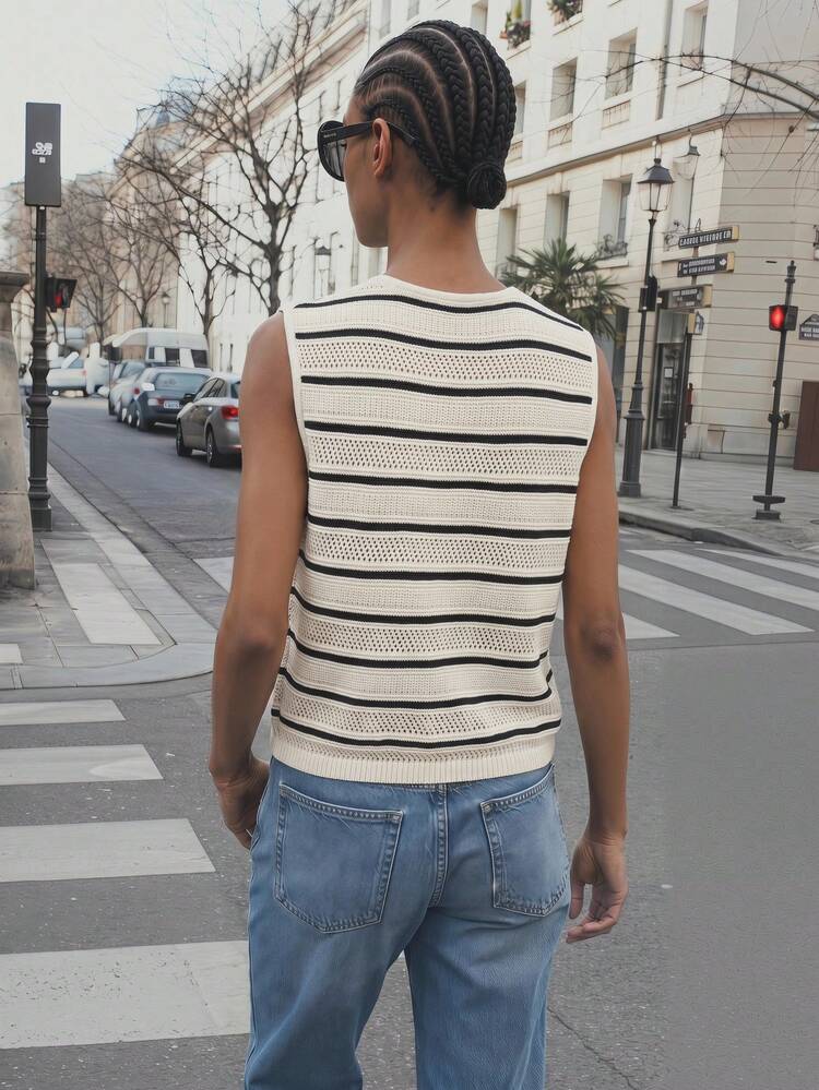 SHEIN Maija Cárdigan casual versátil de uso diario con cuello en V, a rayas y parches, de una sola hilera de botones para mujer