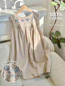 Comfortcana Đầm nữ cỡ lớn màu mơ, kiểu dáng thường ngày, chất liệu 100% cotton, thêu họa tiết, không tay. - Màu be - Xem 7