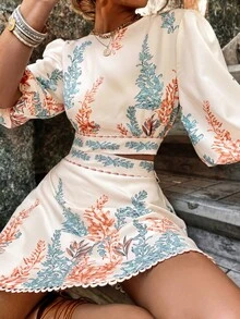 Vestido con estampado de plantas, mangas de linterna con recorte y espalda con lazada, atuendo de vacaciones para mujer - Multicolor - Ver 3
