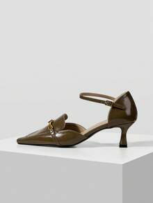 Mnmlis Spring Elegant Commuter Dating Small Square Heel Hollow Shoes - Dark Green - View 5