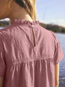 Aralina Women's Solid Color Frill Collar Short Sleeve Casual Shirt - Dusty Pink - View 3