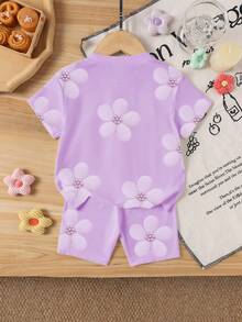 2pcs/Set Young Girls Floral Print Cute T-Shirt And Shorts Set, Fashionable Casual Outfit Suitable For Spring/Summer Vacation - Multicolor - View 2