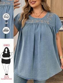 SHEIN CURVE+ Áo sơ mi nữ cỡ lớn đã qua xử lý, áo sơ mi thêu, áo sơ mi nữ thường ngày tay bèo, áo kiểu thường ngày mùa xuân hè, áo đi nghỉ mát cho nữ, áo mùa hè. - Màu xanh lam - Xem 2