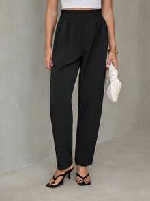 SHEIN Tall Solid Elastic Waist Cropped Pants, Loose Casual Versatile Everyday Wear - Black - View 5
