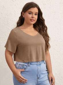 SHEIN BASICS 大尺碼女款素色V領短袖休閒T恤 - 棕色 - 查看 5