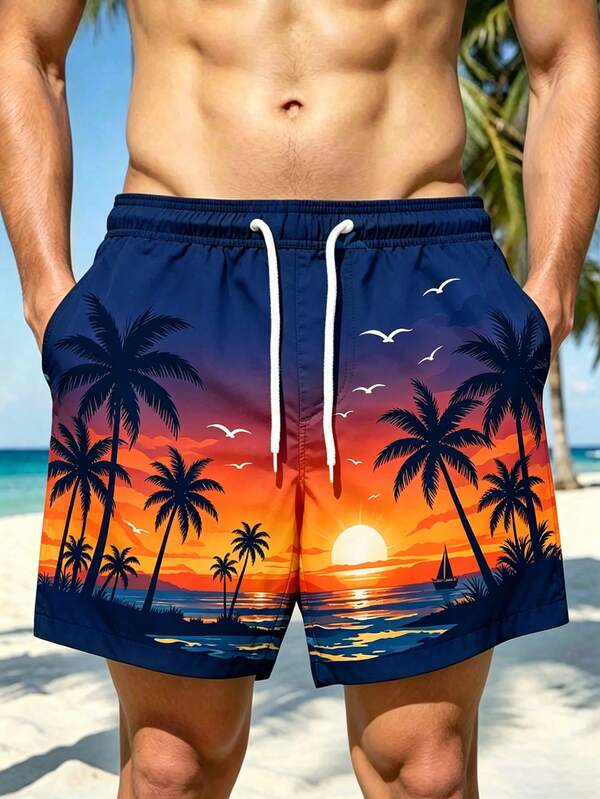 VIVINTIMO Gorgeous Tropical Sunset Full-Print Men's Beach Shorts, Side Pockets Design, Practical And Convenient, Suitable For Young Men Pursuing Fashion, Loving Outdoor Sports And Planning Island Trips, A Thoughtful Gift For Friends