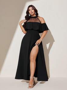 Viva Relle Plus Size Sexy Black Round Neck Halter Backless Sequin Mesh Patchwork Waist Dress For Women - Black - View 4