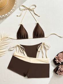 Swim Mod Bộ đồ bơi 3 món nữ 26SS Xuân/Hè mới, quần bikini tam giác buộc dây hở lưng cổ V phối màu đen trắng tương phản, trang trí nơ, cho kỳ nghỉ bãi biển - Cà phê nâu - Xem 4