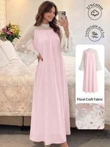 SHEIN Najma Đầm kiểu Ả Rập dành cho nữ, cổ tròn, phối lưới và tay áo loe. - Hồng - Xem 3