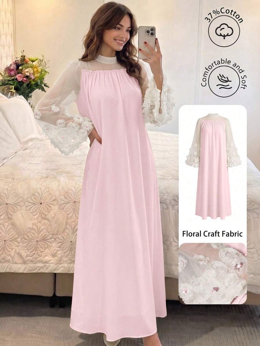 SHEIN Najma Đầm kiểu Ả Rập dành cho nữ, cổ tròn, phối lưới và tay áo loe. - Hồng - Xem 1