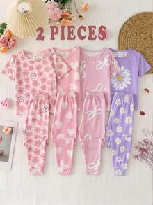 SHEIN 女童针织纯色花卉图案圆领紧身T恤和打底裤两件套家居服 - 彩色 - 查看 3