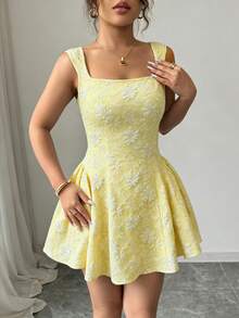 Rafferiza Đầm ngắn nữ màu xanh dương, cổ rộng, không tay, eo xếp ly, chất liệu jacquard, kiểu dáng thanh lịch và lãng mạn, thích hợp cho lễ tốt nghiệp, dạ hội, tiệc tùng, lễ hội âm nhạc hoặc kỳ nghỉ. - Vàng nhạt - Xem 5