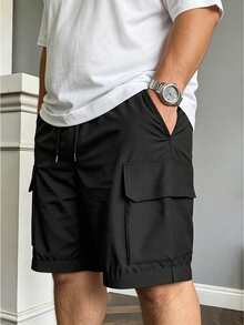Manfinity Dauomo Plus Size Men's Summer Solid Color Flap Pocket Drawstring Waist Cargo Shorts Vacation Beach Going Out Vacation Black Casual Street Basic Streetwear - Black - View 1