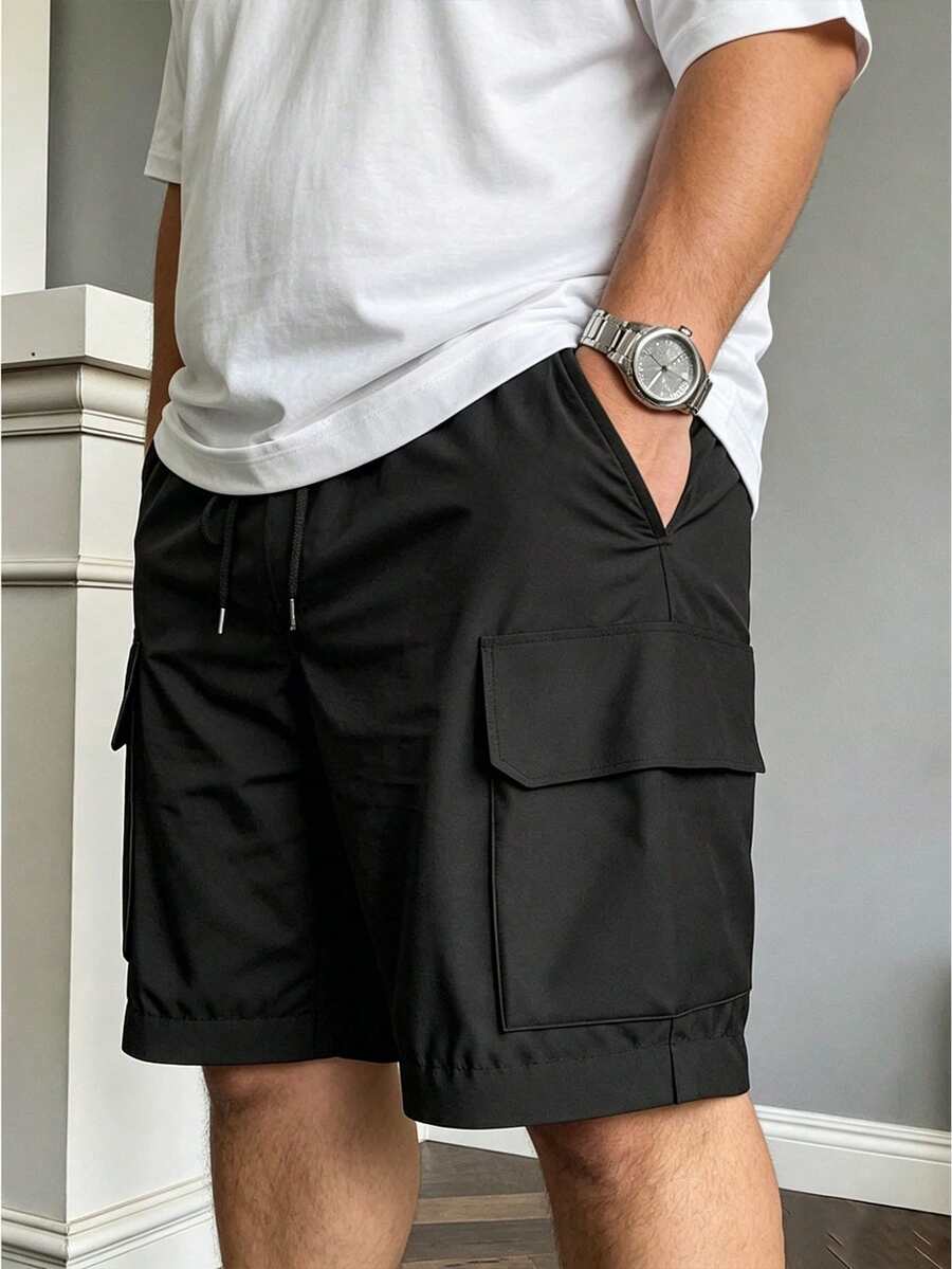 Manfinity Dauomo Plus Size Men's Summer Solid Color Flap Pocket Drawstring Waist Cargo Shorts Vacation Beach Going Out Vacation Black Casual Street Basic Streetwear - Black - View 1