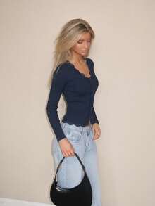 Sydney Algeri Women's Lace Frill Trim Fitted Cardigan Long Sleeve Top - Navy Blue - View 5