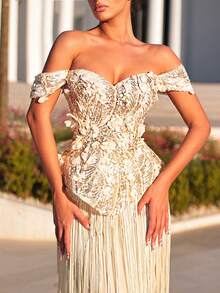 Glamrae Đầm dạ hội màu vàng nhạt sang trọng, lãng mạn, đính ren, hạt cườm, thêu hoa 3D, trễ vai, eo thon, xuyên thấu, chất liệu xương cá, ôm sát cơ thể, dáng suông, kèm thắt lưng tua rua, thích hợp cho hẹn hò, du lịch, tiệc độc thân, đám cưới, tựu trường, lễ hội âm nhạc. - Vàng nhạt - Xem 3