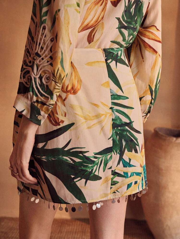 WOMEN'S LINEN PRINTED TASSEL BEADED VACATION SKIRT