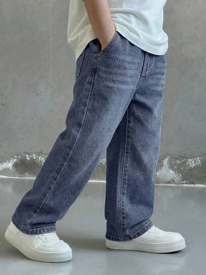 Quần jean denim ống đứng rộng màu xanh dương cho bé trai
