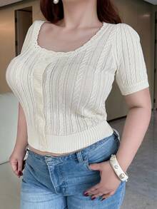 Dazy Plus Plus Size Women's Solid Color Braided Faux Collar Sexy Minimalist Short Sleeve Knit Top, Apricot, Spring/Summer - Apricot - View 5