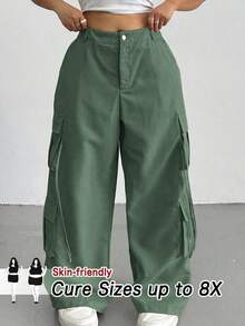 SHEIN CURVE+ Plus Size Women Casual Button Utility Pants, Versatile For Daily Wear - Green - View 1