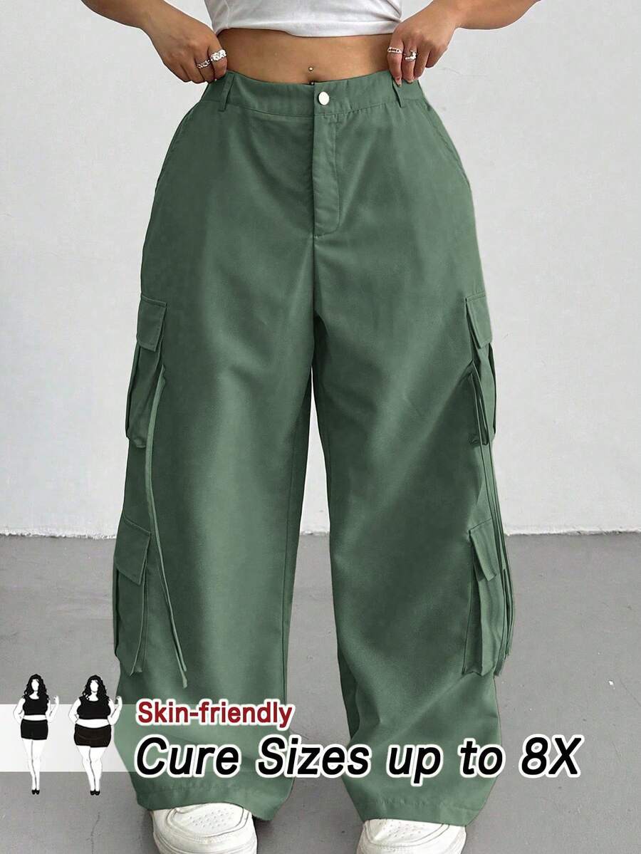 SHEIN CURVE+ Plus Size Women Casual Button Utility Pants, Versatile For Daily Wear - Green - View 1